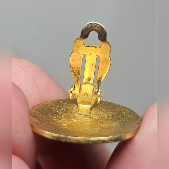 Vintage Black Gold Pink Flower Enamel Cloisonne Clip-On Round Stud Earrings - Picture 8 of 9